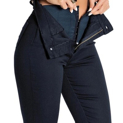 Džinsai su aukštu juosmeniu su užtrauktuku, labai tamprios formos kelnės moterims, liekninančios užpakaliuką