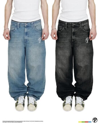 Προστατέψτε Streetwear Y2K Hip Hop Jeans ανδρικό παντελόνι Harajuku Letter Κέντημα Vintage Μπλε φαρδύ τζιν Ψηλόμεσο φαρδύ παντελόνι