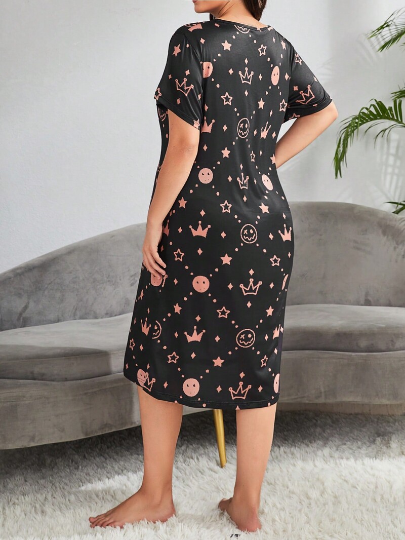 Didelio dydžio moteriška pižama namų drabužiai kasdieniai apvaliu kaklu, besišypsantis veidas karūnėlė trumpomis rankovėmis pižamos sijonas