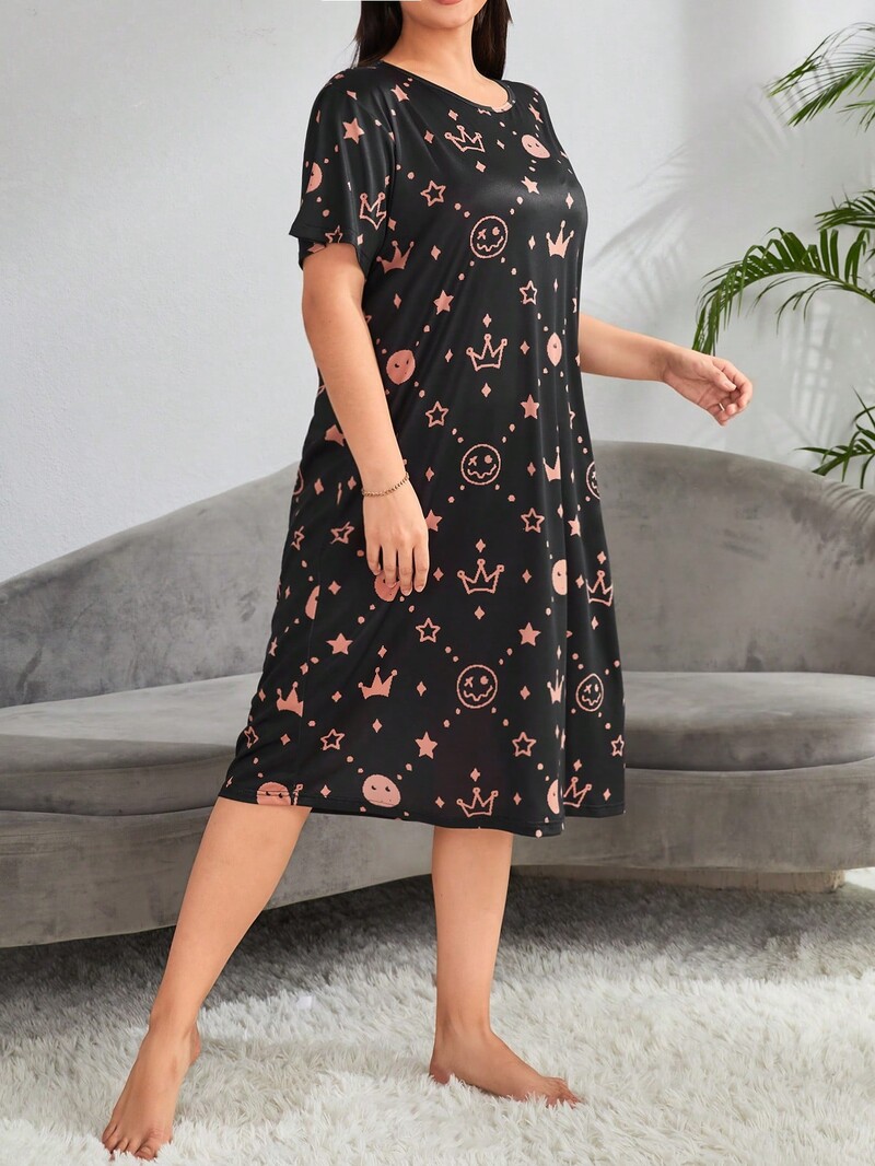 Didelio dydžio moteriška pižama namų drabužiai kasdieniai apvaliu kaklu, besišypsantis veidas karūnėlė trumpomis rankovėmis pižamos sijonas