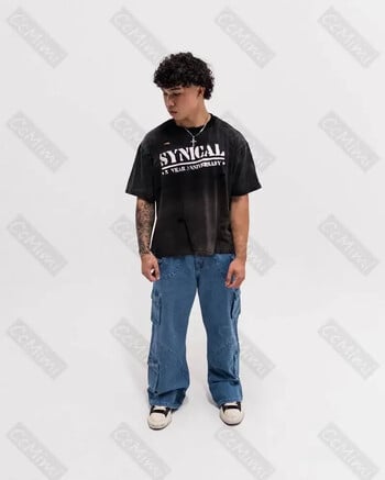 Ανδρικό Vintage Y2K Loose Fit, σκισμένο μαύρο τζιν Cargo με μεγάλες τσέπες με φαρδιά σχέδια, καθημερινά streetwear παντελόνια μόδας