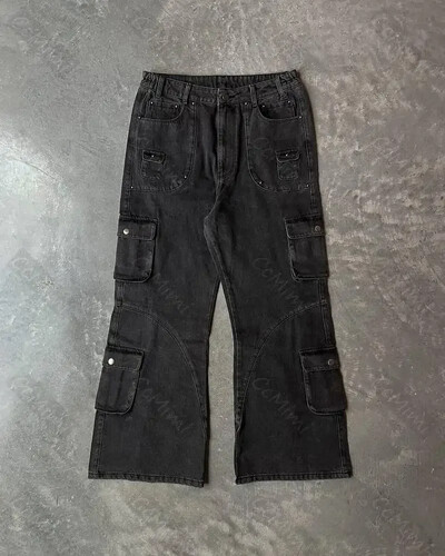 Pánske vintage džínsy s roztrhaným vzorom Y2K, voľný strih, čierne cargo džínsy s veľkými vreckami, široký dizajn, ležérne streetwear módne nohavice