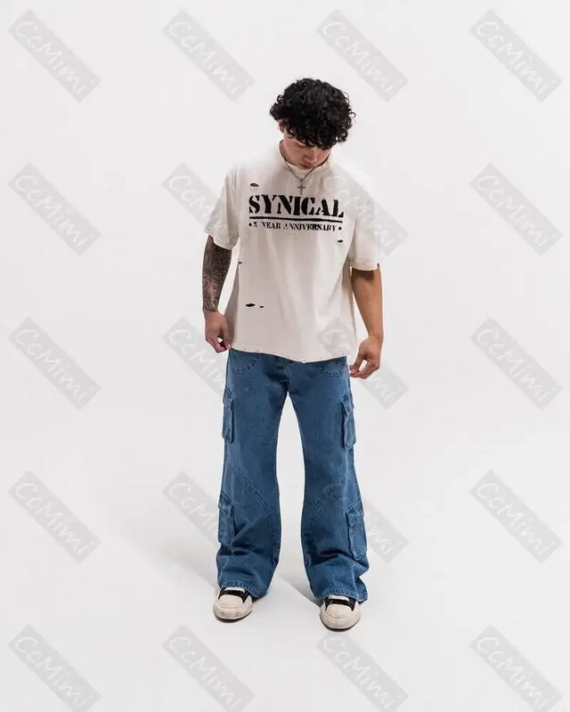 Pánske vintage džínsy s roztrhaným vzorom Y2K, voľný strih, čierne cargo džínsy s veľkými vreckami, široký dizajn, ležérne streetwear módne nohavice