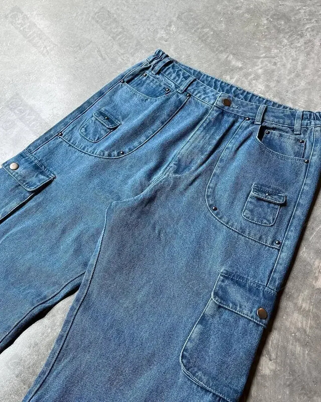 Pánske vintage džínsy s roztrhaným vzorom Y2K, voľný strih, čierne cargo džínsy s veľkými vreckami, široký dizajn, ležérne streetwear módne nohavice