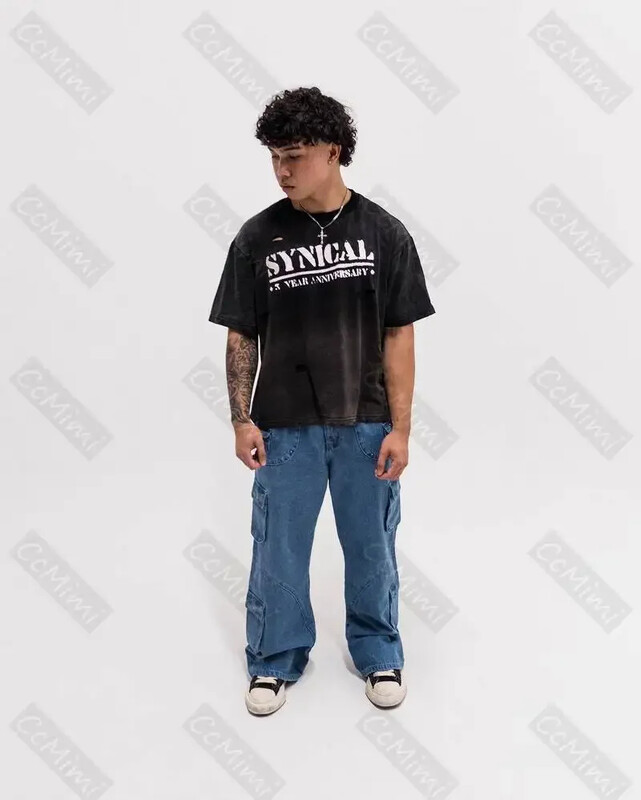 Pánske vintage džínsy s roztrhaným vzorom Y2K, voľný strih, čierne cargo džínsy s veľkými vreckami, široký dizajn, ležérne streetwear módne nohavice
