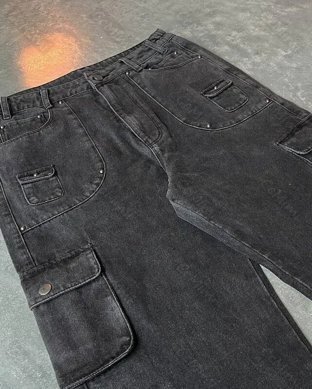 Pánske vintage džínsy s roztrhaným vzorom Y2K, voľný strih, čierne cargo džínsy s veľkými vreckami, široký dizajn, ležérne streetwear módne nohavice