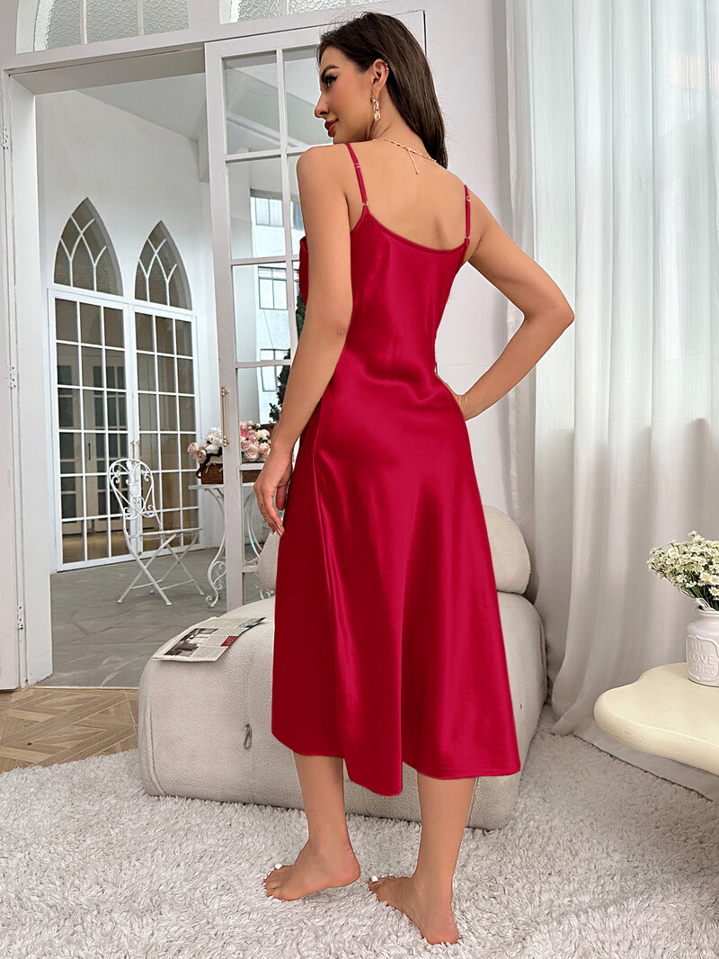 Rochie de noapte din satin solidă, sexy, cu decolteu în V, cu bretele spaghete, rochii de pijamă pentru femei