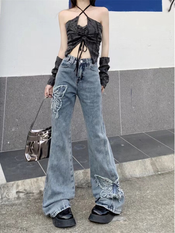 Retro motýľové vyšívané džínsy pre ženy, jesenné nové horúce dievčenské nohavice s vysokým pásom, umyté mikro trúbkou, na umývanie podlahy, trendy