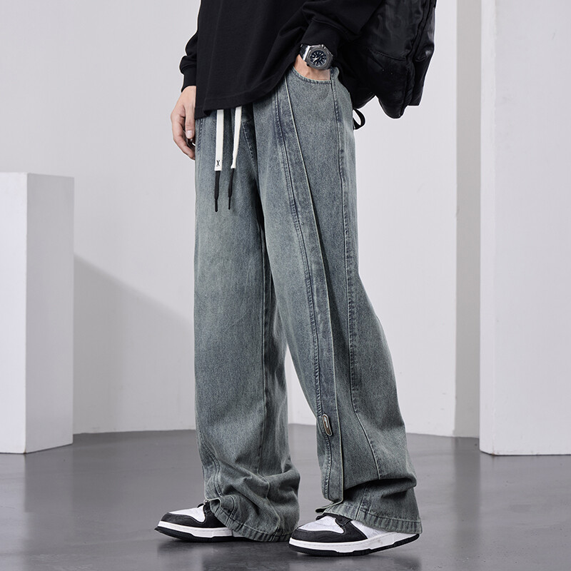 Nauji rudeniniai mėlyni džinsai Vyriški korėjietiški vintažiniai apjuosta juosmuo Džinsinė medvilnė laisvalaikio plačios ilgos kelnės tiesios Baggy džinsas plius dydis 8xl