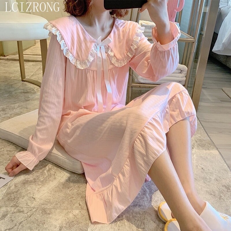 Moteriškos nėriniuotos pižamos XXL 6 spalvų naktinis marškinys moteriškas pavasarinis ilgomis rankovėmis Retro pavasario 2023 m. Mergaitės ilgas sijonas naktiniai marškiniai Didelio dydžio