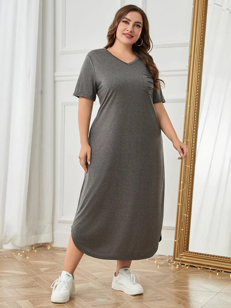 Dámska nočná košeľa Plus Size, jednofarebné pyžamá s výstrihom do V a krátkymi rukávmi, nočná košeľa s náprsným vreckom