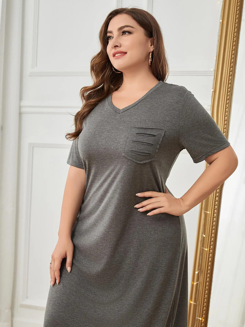 Dámska nočná košeľa Plus Size, jednofarebné pyžamá s výstrihom do V a krátkymi rukávmi, nočná košeľa s náprsným vreckom