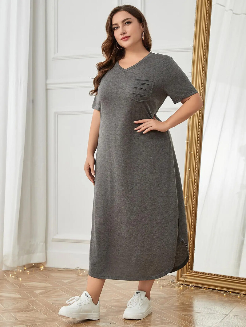 Dámska nočná košeľa Plus Size, jednofarebné pyžamá s výstrihom do V a krátkymi rukávmi, nočná košeľa s náprsným vreckom