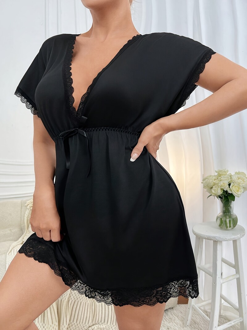 Dámska nočná košeľa pre väčšie veľkosti, sexi výstrih do V, jednofarebná nočná košeľa s krátkym rukávom, voľné ležérne šaty