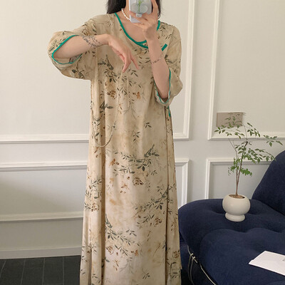 Félujjú hálóingek női nyomott pamut hálóingek Vintage vékony női hálóruha ruha otthoni viselet hálóing