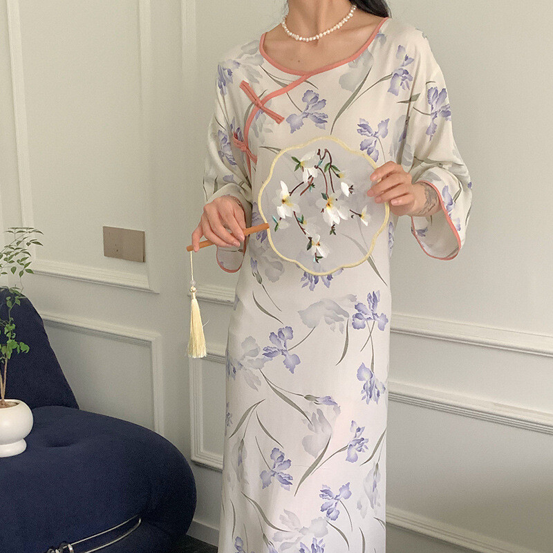 Félujjú hálóingek női nyomott pamut hálóingek Vintage vékony női hálóruha ruha otthoni viselet hálóing