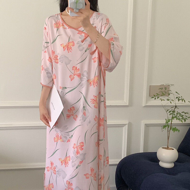 Félujjú hálóingek női nyomott pamut hálóingek Vintage vékony női hálóruha ruha otthoni viselet hálóing