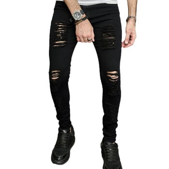 Street Style HipHop Ripped Design Stretch Skinny Men Τζιν παντελόνι Τρύπες στενό μονόχρωμο μολύβι τζιν παντελόνι για ανδρικά