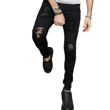 Street Style HipHop Ripped Design Stretch Skinny Men Τζιν παντελόνι Τρύπες στενό μονόχρωμο μολύβι τζιν παντελόνι για ανδρικά