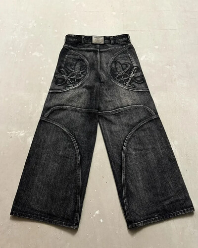 Y2K Streetwear fekete mosott hímzett laza farmernadrág Retro személyiség Harajuku divat Street Trend alkalmi uniszex széles szárú farmer