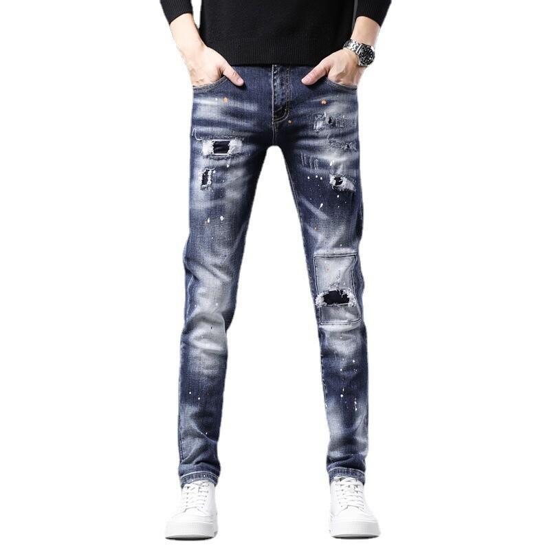 Nové pánske džínsy s roztrhanou dierkou a kravatou, hip hop, pouličné oblečenie, Ruffian, pekné malé rovné rifle, divoké, ťažké
