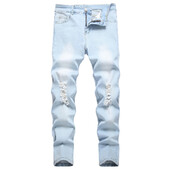 Plus Size 5XL 6XL Bărbați Jeans drepți Pantaloni rupti, stilați, stil stradă, stretch, subțiri, pantaloni din denim cu găuri