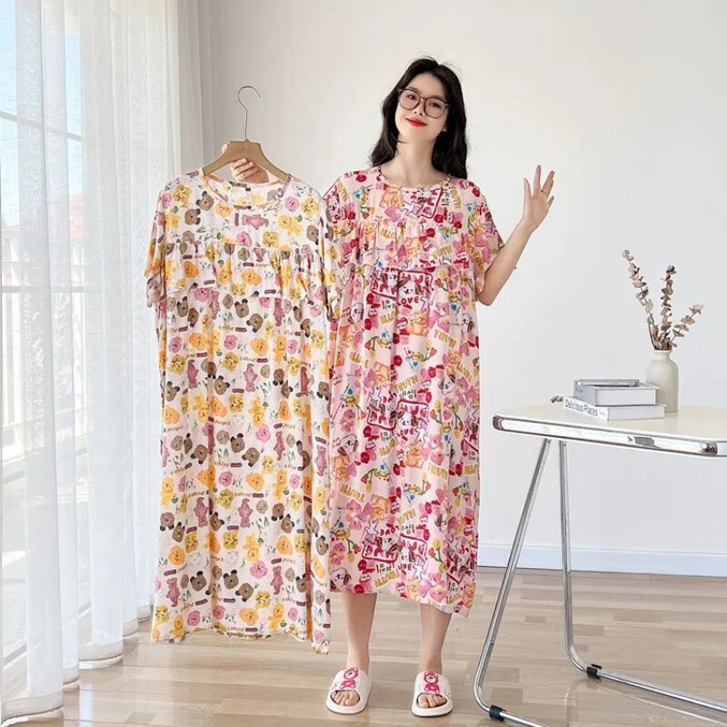 150 kg Extra nagy bő hálóruha Női Nyári Mellbetét Otthoni Ruhák Rövid ujjú hálóing Nagy méretű hálóruha külső viselet