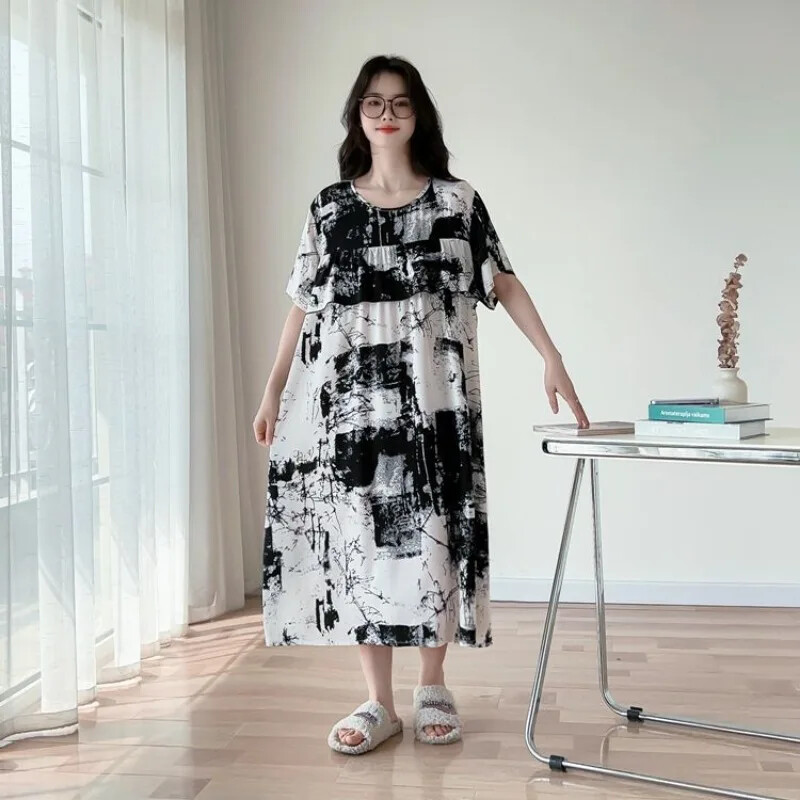 150 kg Extra nagy bő hálóruha Női Nyári Mellbetét Otthoni Ruhák Rövid ujjú hálóing Nagy méretű hálóruha külső viselet