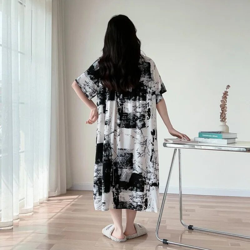 150 kg Extra nagy bő hálóruha Női Nyári Mellbetét Otthoni Ruhák Rövid ujjú hálóing Nagy méretű hálóruha külső viselet