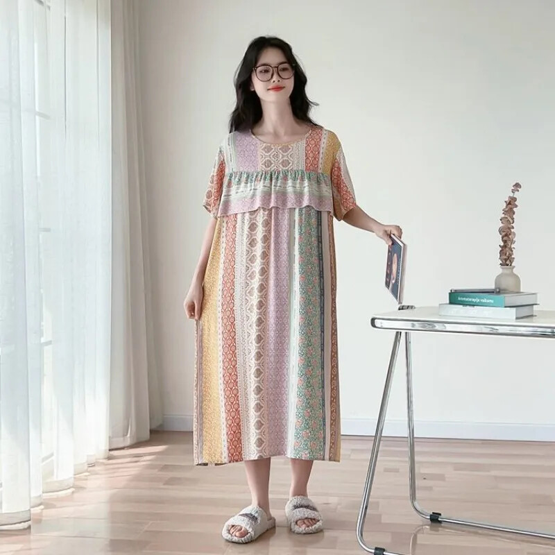 150 kg Extra nagy bő hálóruha Női Nyári Mellbetét Otthoni Ruhák Rövid ujjú hálóing Nagy méretű hálóruha külső viselet