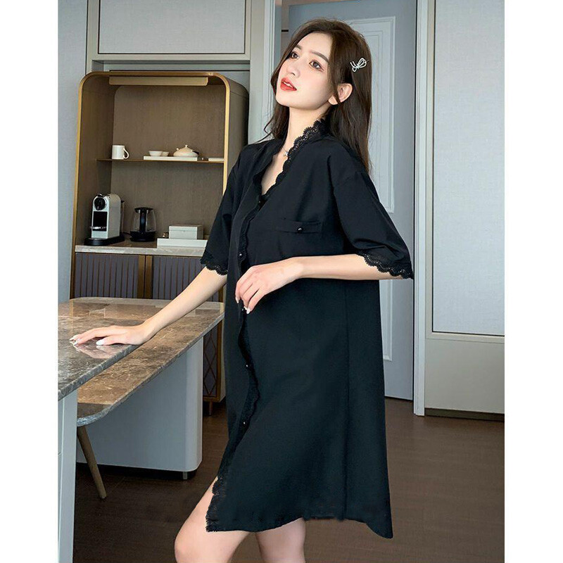 Elegantiškos moteriškos pižamos trumpomis rankovėmis „Sweet Wind Summer“ Seksualūs naktiniai marškinėliai V formos iškirpte megztiniai, nėriniai, nėriniai, kasdieniai dėvėti naktiniai marškiniai