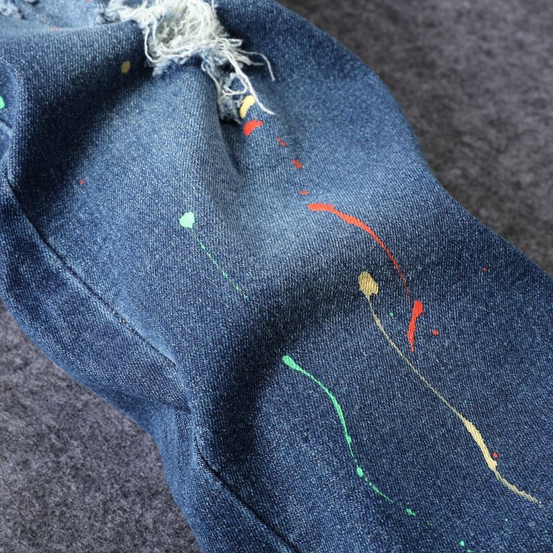 Blugi graffiti rupți albaștri pentru articole fierbinți pentru bărbați de primăvară și vară 2024, blugi clasici de înaltă calitate pentru bărbați, slim fit, cu elasticitate ridicată