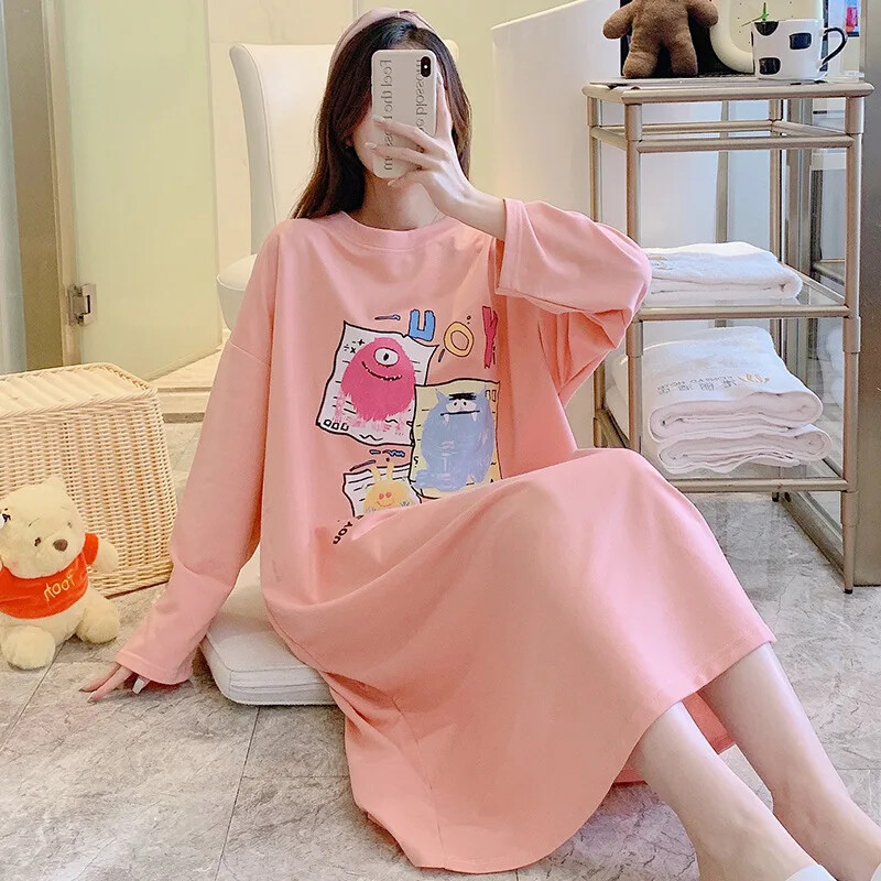 Moteriški medvilniniai naktiniai marškiniai ilgomis rankovėmis žiemos miegui ypač patogūs namų drabužiai moterims