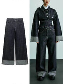 TRAFZA Pantaloni rulați ocazional la modă pentru femei, cu nasturi de culoare pură, picior largi, picior lat, talie înaltă, îmbrăcăminte de stradă, blugi pentru navetiști