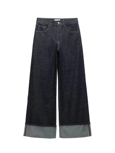 TRAFZA Pantaloni rulați ocazional la modă pentru femei, cu nasturi de culoare pură, picior largi, picior lat, talie înaltă, îmbrăcăminte de stradă, blugi pentru navetiști