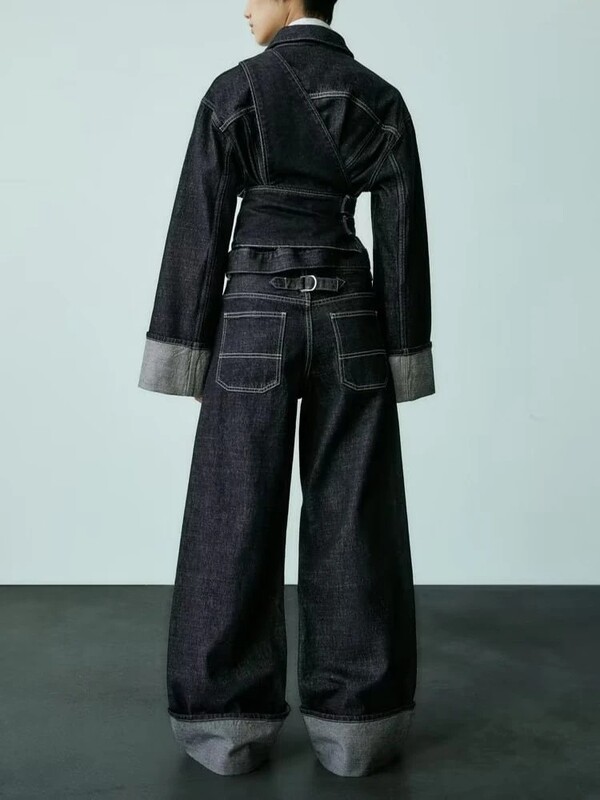 TRAFZA Pantaloni rulați ocazional la modă pentru femei, cu nasturi de culoare pură, picior largi, picior lat, talie înaltă, îmbrăcăminte de stradă, blugi pentru navetiști