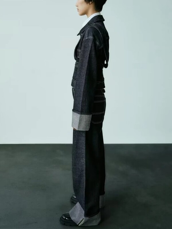 TRAFZA Pantaloni rulați ocazional la modă pentru femei, cu nasturi de culoare pură, picior largi, picior lat, talie înaltă, îmbrăcăminte de stradă, blugi pentru navetiști