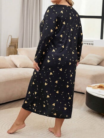 Spring Leisure Loose στρογγυλή λαιμόκοψη Love Star Print Μακρυμάνικο Sleeping Dress Home Fury