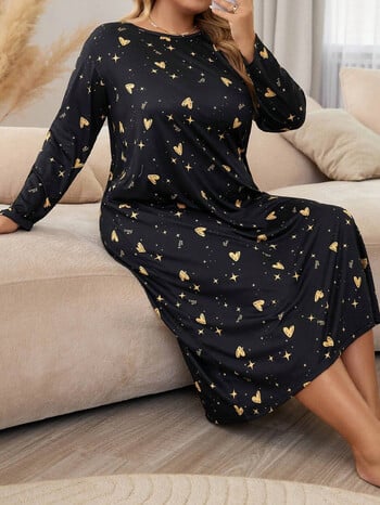 Spring Leisure Loose στρογγυλή λαιμόκοψη Love Star Print Μακρυμάνικο Sleeping Dress Home Fury