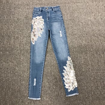 Λευκό Sequin Phoenix τζιν παντελόνι για γυναικείο 2024 New Korean Slim Elastic Pencil Skinny Jeans Γυναικείο παντελόνι μέχρι τον αστράγαλο