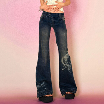 Rockmore Y2K Low Rise Flare Jeans για Γυναικεία Streetwear Aesthetic Print Jean Pants Vintage Washed Denim Παντελόνι Grunge Fairycore