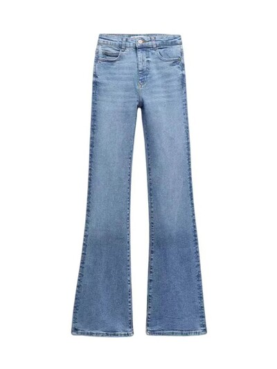 TRAF női vékony, magas derekú kiszélesedő farmernadrág új zsebes cipzáros gombos sztreccs széles szárú nadrág mosott hatású divatos nadrág