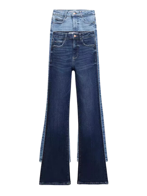 TRAF női vékony, magas derekú kiszélesedő farmernadrág új zsebes cipzáros gombos sztreccs széles szárú nadrág mosott hatású divatos nadrág