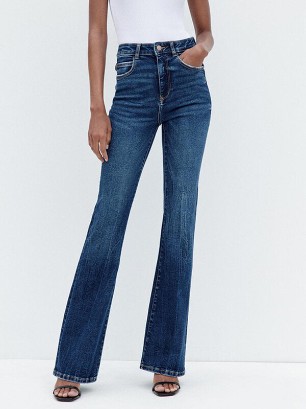 TRAF női vékony, magas derekú kiszélesedő farmernadrág új zsebes cipzáros gombos sztreccs széles szárú nadrág mosott hatású divatos nadrág