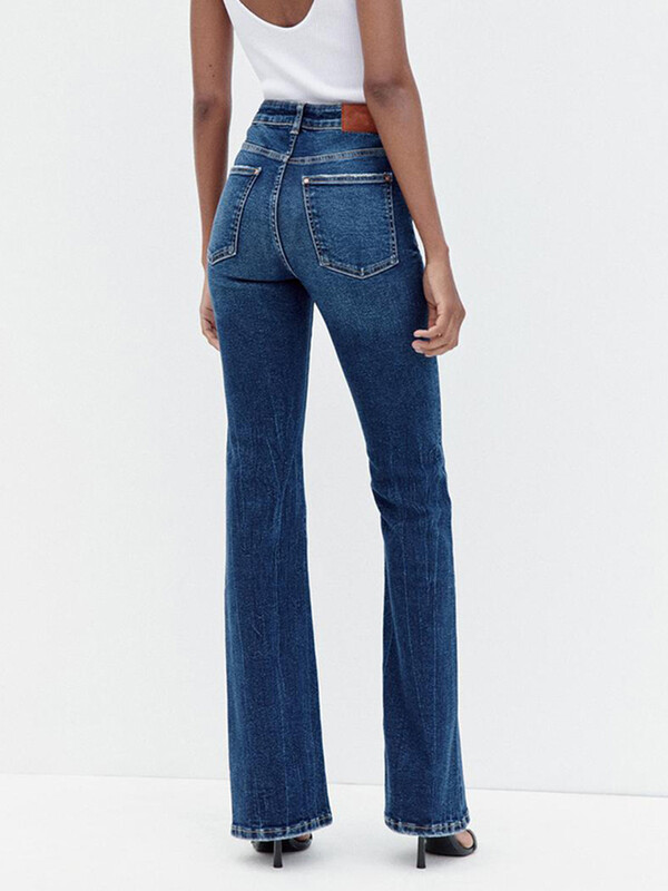 TRAF női vékony, magas derekú kiszélesedő farmernadrág új zsebes cipzáros gombos sztreccs széles szárú nadrág mosott hatású divatos nadrág