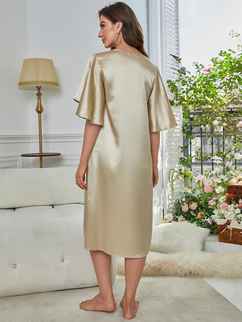 Auksinio šilko atlaso moteriški naktiniai marškinėliai su V kaklu, išilgai šono, laisvalaikio seksualūs namų drabužiai naktinė suknelė Vasarinė naktinė pižama S-XL