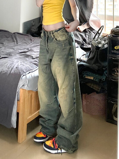 Moteriški laisvi džinsai Laisvai žemo juosmens džinsinės tiesios kelnės gradiento spalvos, surištos kišenės, paprastos vintažinės korėjietiškos preppy stiliaus