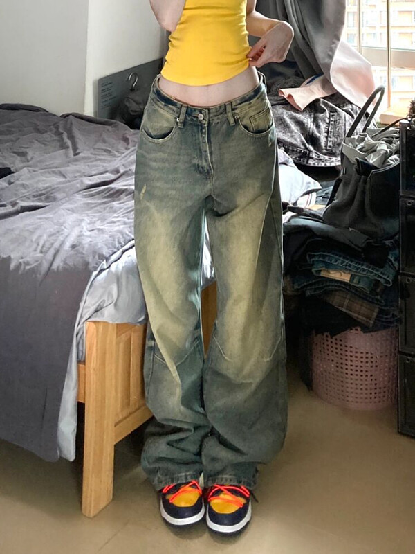 Moteriški laisvi džinsai Laisvai žemo juosmens džinsinės tiesios kelnės gradiento spalvos, surištos kišenės, paprastos vintažinės korėjietiškos preppy stiliaus