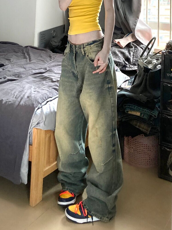 Moteriški laisvi džinsai Laisvai žemo juosmens džinsinės tiesios kelnės gradiento spalvos, surištos kišenės, paprastos vintažinės korėjietiškos preppy stiliaus