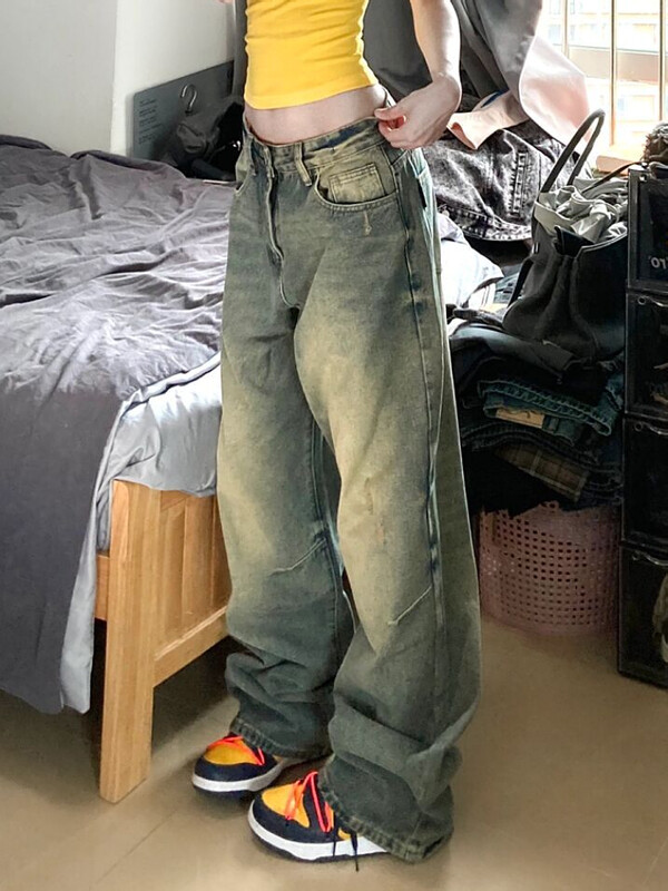 Moteriški laisvi džinsai Laisvai žemo juosmens džinsinės tiesios kelnės gradiento spalvos, surištos kišenės, paprastos vintažinės korėjietiškos preppy stiliaus